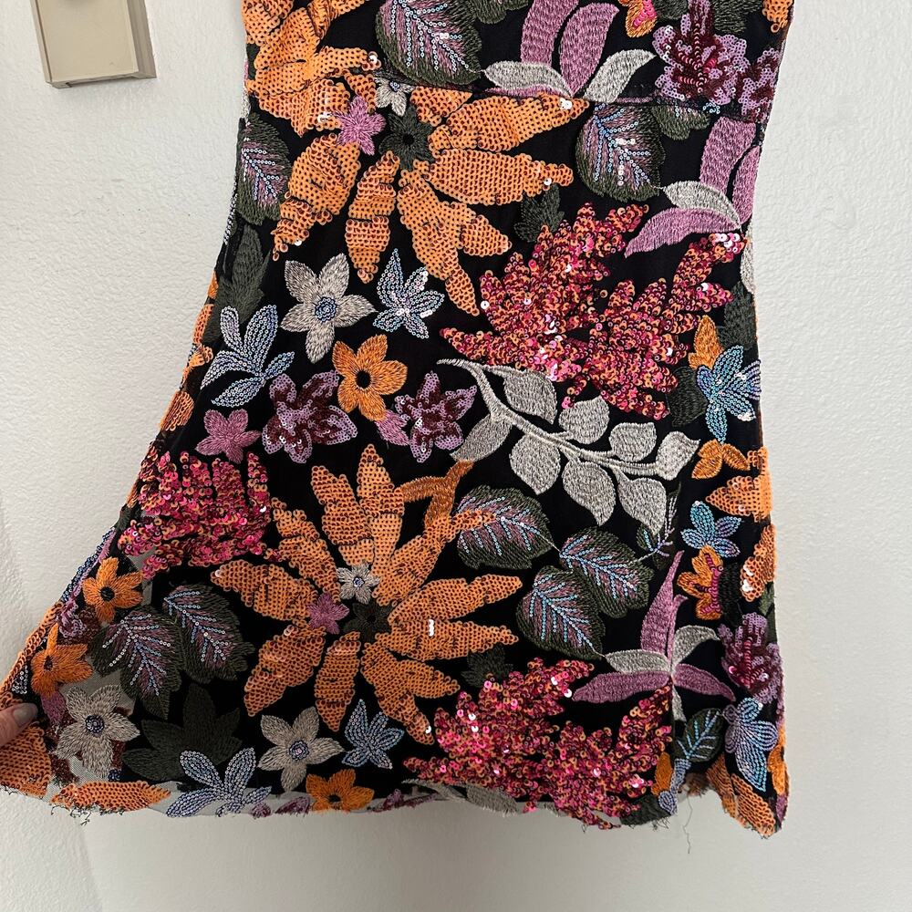 Cute Small Boutique Sequin Floral Mini Dress Sleeveless Black Orange Pink - Picture 10 of 10